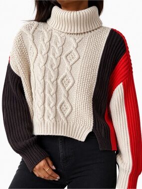 Zara Knit Colourblock Cable Turtleneck Sweater - Size Large